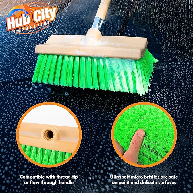 Hub City Industry 10- inch Car Wash Brush, Bi- Level Brush, Soft Nylon Bristle, car Accessories, Cleaning Supplies, Automotive wash Brush,Flagged Green Poly Bristle