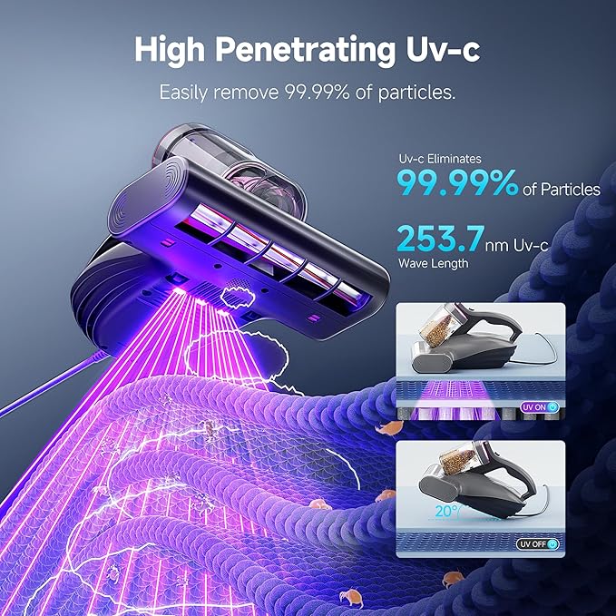 uwant Bed Cleaner with 16Kpa Suction Metal Roller 253.7nm Uv-c Light Mattress Vacuum Cleaner 36000RPM/Min 149℉ Heating HEPA Filter&Ultrasonic Mattress Vacuum for Sofa, Pillow, Bed Throws, Grey