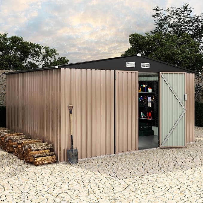 10x12x6.4 FT Outdoor Storage Sheds with Floor, Metal Garden Tool Shed for Backyard, Large Metal Sheds Outdoor Storage With Lockable Doors & Air Vents for Backyard Garden Patio Lawn