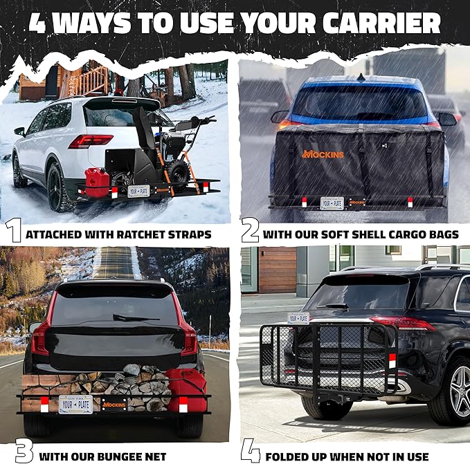 Mockins 60"x20"x6" Heavy Duty Trailer Hitch Cargo Carrier w/License Plate Holder & 16 Cu.Ft. Waterproof Cargo Bag for Hitch Carrier | All-Weather 500 Lbs. Cap Folding Luggage Rack for SUV Car & Truck