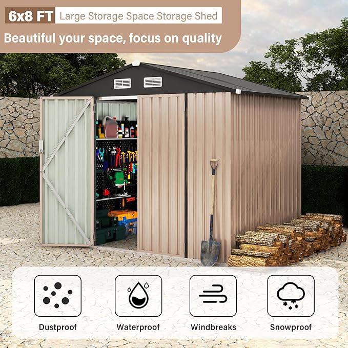 6x8x6.4 FT Outdoor Storage Sheds, Metal Garden Tool Shed for Backyard, Large Metal Sheds Outdoor Storage with Lockable Doors & Air Vents for Backyard Garden Patio Lawn