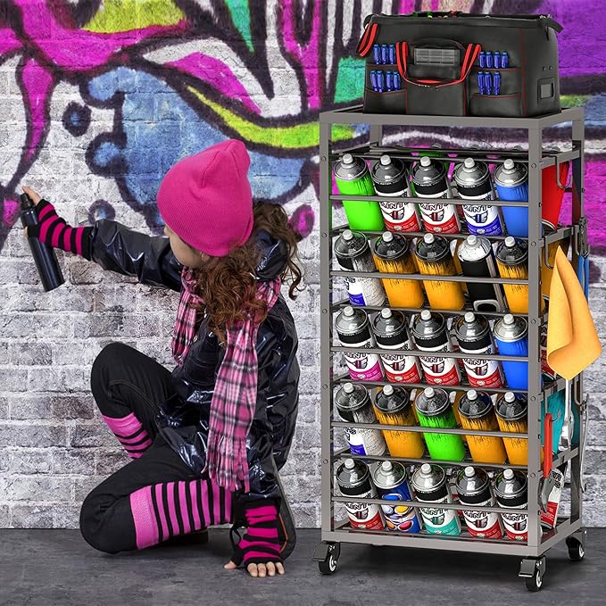 yeshine 50 Can Spray Paint Storage Rack, Metal Aerosol Storage Cart, Rolling Spray Bottle or Lube Holder, Aerosol Can Holder Rack, Paint Bottle Organizer for Garage And Craft Workroom