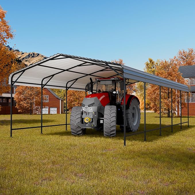 EBE 13' x 25' Metal Carport, Outdoor Steel Carport Canopy with Galvanized Steel Frame and Roof, Heavy Duty Garage Shelter Shade for Cars, Boats, and Truck