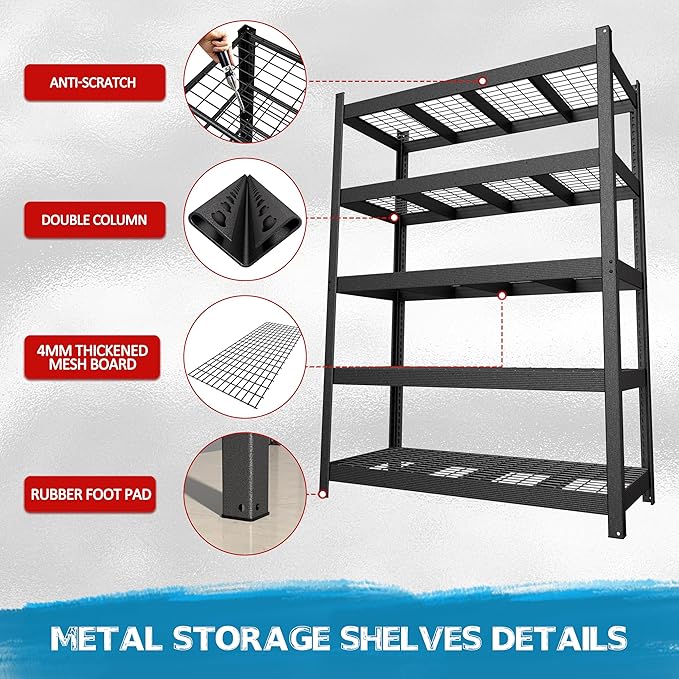 MUPATER 60.04”W × 24.02”D × 80.71”H Metal Storage Shelves, 3000 LBS Heavy Duty Utility Shelf Racks, Garage Shelving Unit with 5-Tier Adjustable Shelves for Kitchen, Warehouse, Garage