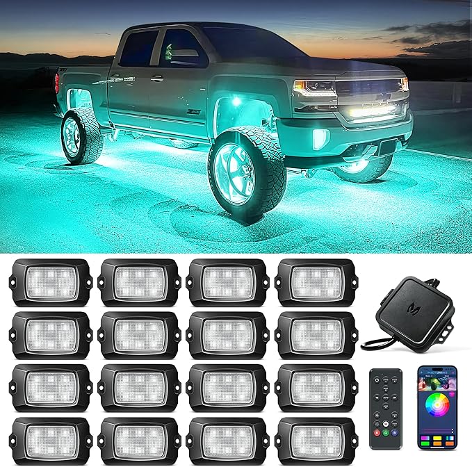 MICTUNING Q1 RGBW Rock Lights, 16 Pods Pure Color Underglow Neon Multicolor Lighting with Wiring Switch Kit, Bluetooth Controller, Remote Control, Music Mode for Trucks Car ATV UTV Golf Cart