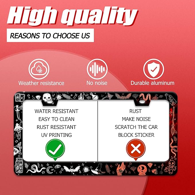 Witch License Plate Frame Gothic Magical License Plate Frames for Car Decorative Parts Stainless Stee License Plate for Standard Us Canada Funny License Plate Holder 12x6 Inch
