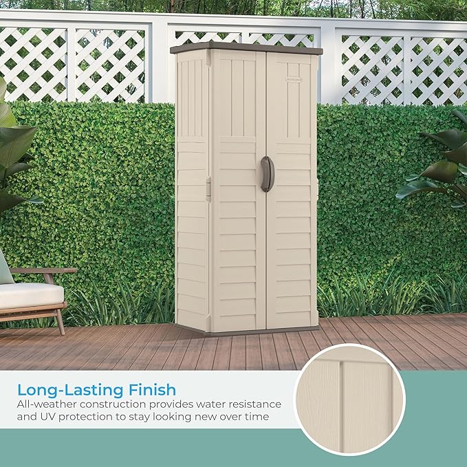 Suncast Vertical Outdoor Storage Shed with Reinforced Floor, Lockable Double Doors, All-Weather Construction, and Multi-Wall Panels, Vanilla, Made in the USA