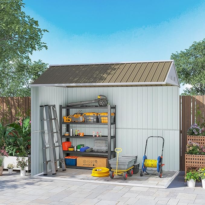 Outsunny 8' x 5.5' Outdoor Storage Shed, Metal Garden Shed with Window & Double Lockable Door, Outdoor Tool Shed Storage with Sloped Roof for Backyard, Patio, Garage, Lawn, Gray