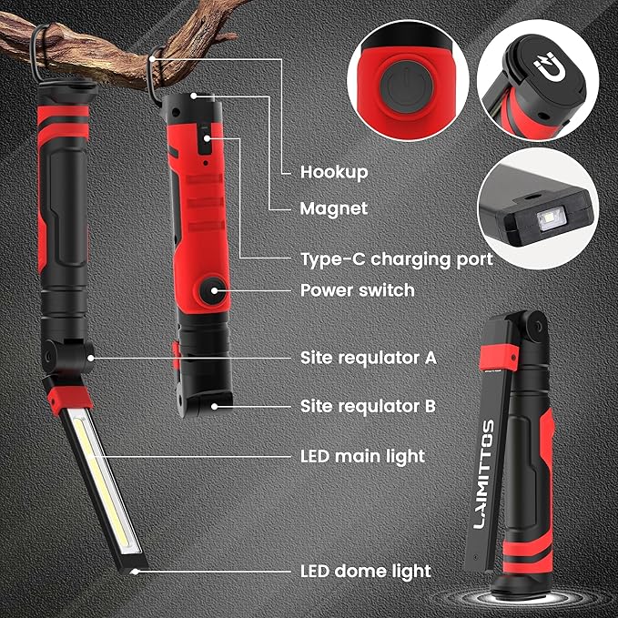 Rechargeable LED Work Light, Magnetic Flashlight Mechanic Light Tool Gifts for Men Him, Foldable Lamp with Hook for Car Repair Emergency BBQ Grill (2 Pack)