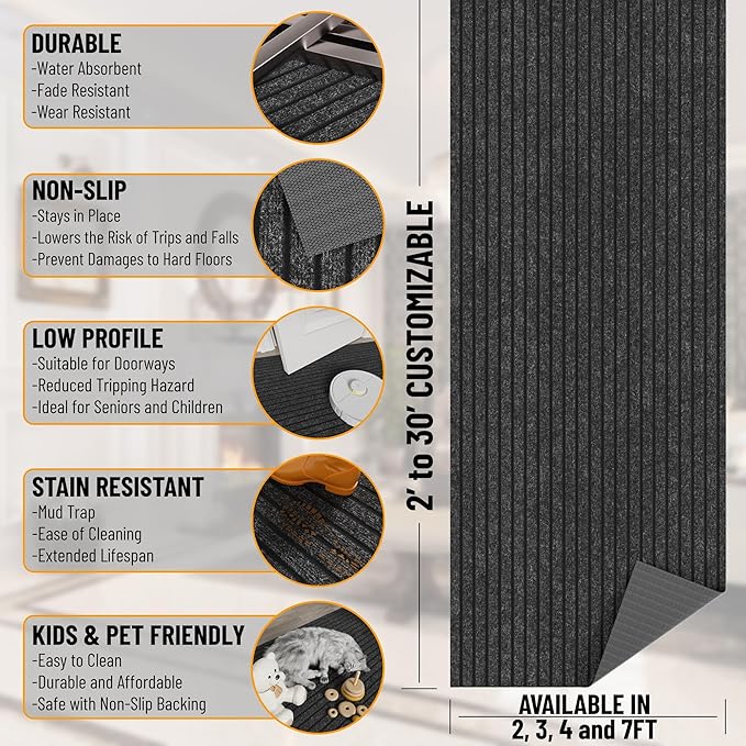 Ottomanson 2' x 53' Hallway Runner with Scraper Pile Extra Durable Non-Slip Rug Mat for Indoor & Outdoor Use - Ideal for Kitchen, Entryway, Patio & Garage - High-Traffic Carpet, Black
