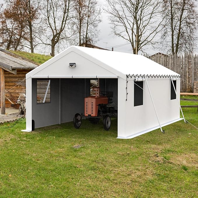 13x25 Carport, Heavy Duty Carport Canopy Garage with Removable Sidewalls and Drive Through Roll Up Zipper Doors, White