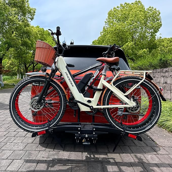 Foldable Electric Bike Rack Hitch Mount with Ramp for 2" Receiver, 2 Bike Rack for Car, Up to 4’’ Fat Tire, 136 lbs Capacity, with Locks, Tiltable, Wheels for Easy Transport