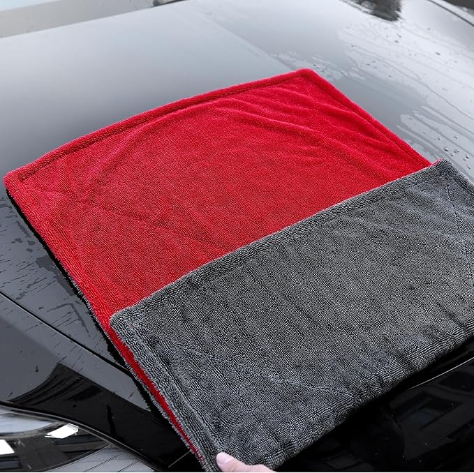 LIVOS Extra Large Car Drying Towel, Twisted Terry Microfiber Towels for Cars, 1000GSM Professional Quick Dry Cleaning Cloth for Car, Scratch-Free, Absorbent Wash Towel, 25" x 36" (Red&Grey)