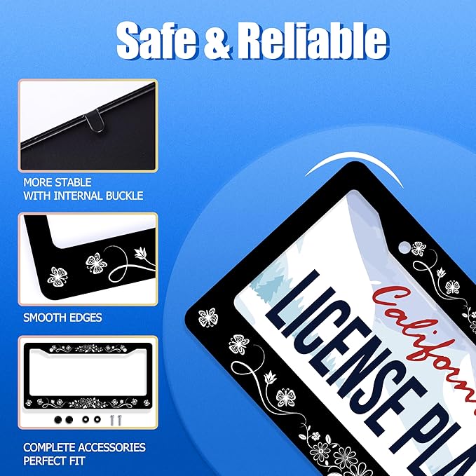 Black White Daisy Butterfly License Plate Frame Flowers License Plate Stainless Steel Funny License Plate Holder Floral Car Accessories With Screws Car Decoration 12.3"x6.3"Fits Standard Vehicles Size