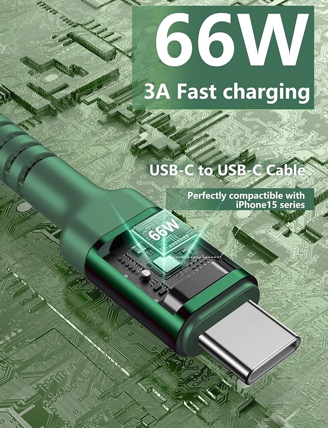 USB C Cable Fast Charging 10FT, 2Pack USBC to USBC Cable, iPhone 16 15 Charger Long Type C Nylon Braided USB-C Charger Cord for iPhone 16/15/Pro Max/Plus/Samsung Galaxy S23/LG/Switch-Green