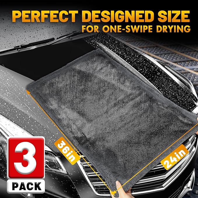 Microfiber Towels for Cars, 3 Pack Dual Sided Drying Towels Car Detailing， 1200GSM Car Drying Towel(24″x 36″), Ultra Absorbent Car Cleaning Towel, No Streak or Scratch, Machine Washable