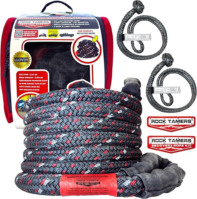 Rock Tamers Kinetic Recovery Rope Kit - Heavy Duty Tow Strap - 3/4" x 30' Kinetic Tow Rope with High-Visibility Reflective Weave - 19,000 lb Break Strength for Vehicle Recovery