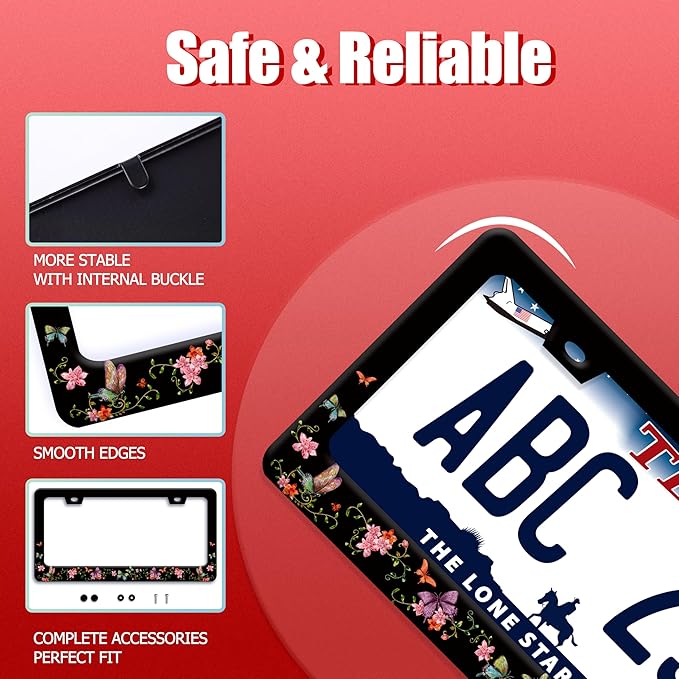 Colorful Butterfly License Plate Frame Beautiful Butterflies Flowers License Plate Holder Funny Stainless Steel Accessories Cars Decor with 2 Holes and Screws Fits Standard Us Ca Vehicles 12.2 X 6 in