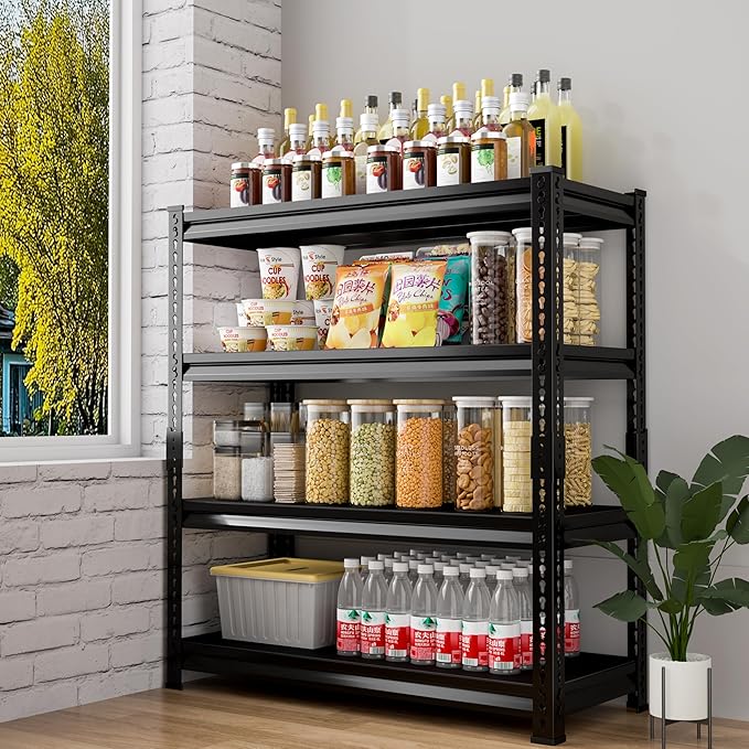 48" W Garage Shelving Heavy Duty，2000LBS Loads Adjustable Garage Storage Shelves, 4-Tier Metal Shelving Units and Storage Racks Heavy Duty, 48”W x 16”D x 72”H，Black