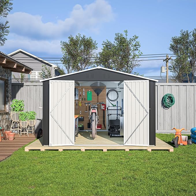 Outdoor Storage Shed 10x12 FT, Utility Metal Tool Storage with Lockable Doors and Updated Frame Structure, Large Metal Garden Shed for Backyard, Patio Lawn, Black