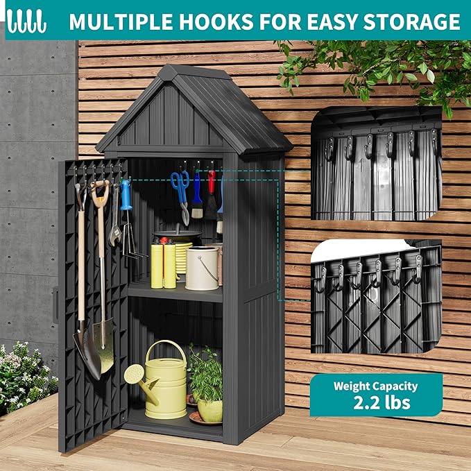 Shed Outdoor Storage Shed with Sloping Roof and Lockable Door, Resin Outdoor Storage Box Cabinet Waterproof and Multiple Hooks for Backyard, Patio, Poolside, Black