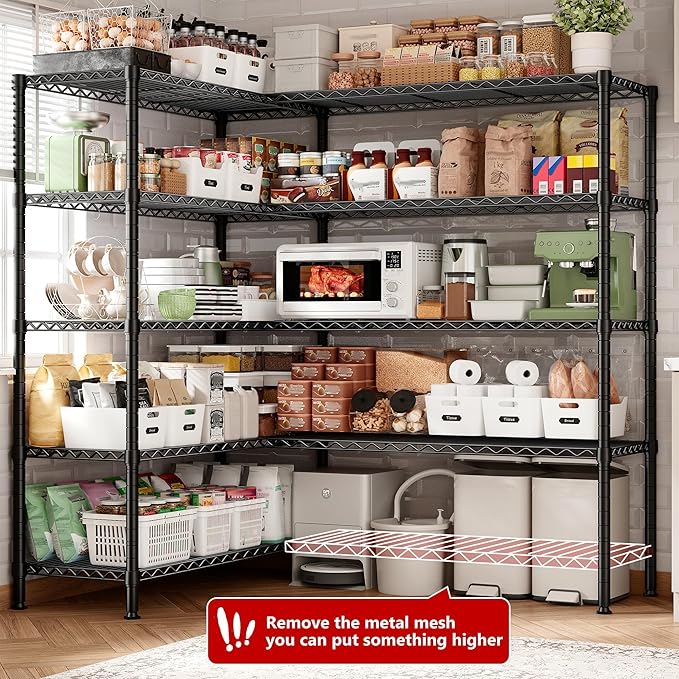 REIBII 72.8" W Storage Shelves Load 1600LBS, 5 Tier Metal Shelving Unit Wire Shelving for Storage Rack Heavy Duty Metal Shelves for Garage Pantry Kitchen, 17.7" D x 72.8" W x 70.9" H
