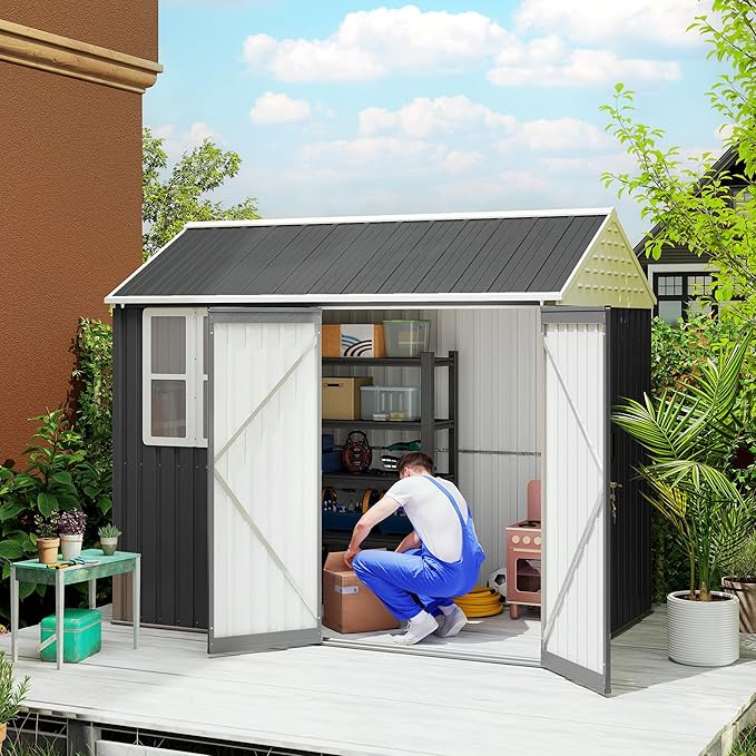 Outsunny 8' x 6' Outdoor Storage Shed, Metal Garden Shed with Window & Double Lockable Door, Outdoor Tool Shed Storage with Sloped Roof for Backyard, Patio, Garage, Lawn, Dark Gray