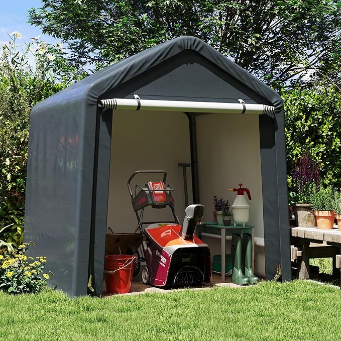 Tangkula 6x6.5Ft Portable Shed, Outdoor Storage Shelter with Waterproof Cover & Roll-up Zipper Door, Ratchet Strap, Heavy Duty Portable Storage Tents for Outside, Bikes, Garden Tools, Motorcycles