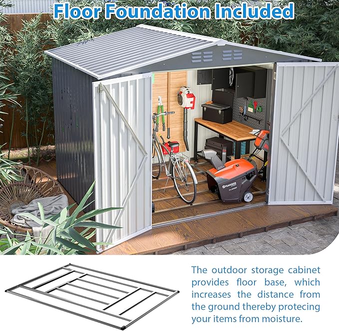 8x6 FT Outdoor Tool Storage Shed with Metal Foundation & Lockable Doors, All Weather Metal Sheds for Garden, Patio, Backyard, Lawn,
