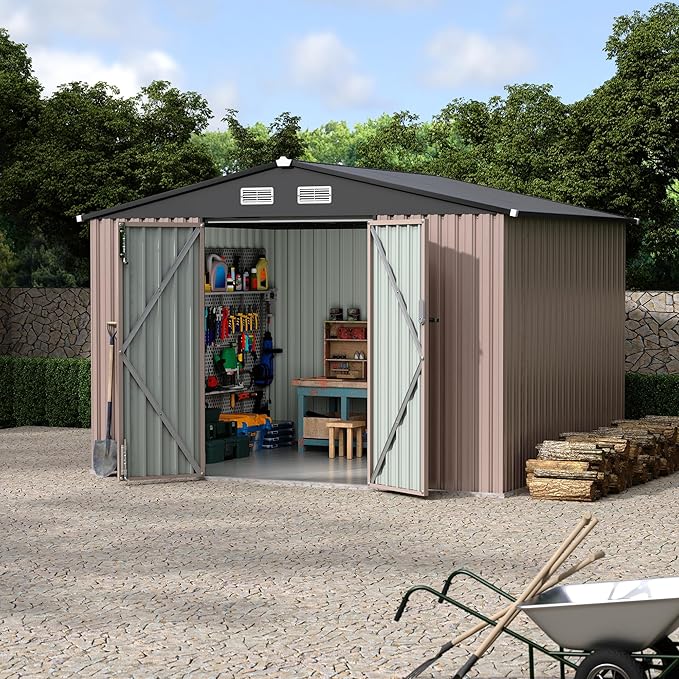 8x10x6.4 FT Outdoor Storage Sheds with Floor, Metal Garden Tool Shed for Backyard, Large Metal Sheds Outdoor Storage With Lockable Doors & Air Vents for Backyard Garden Patio Lawn