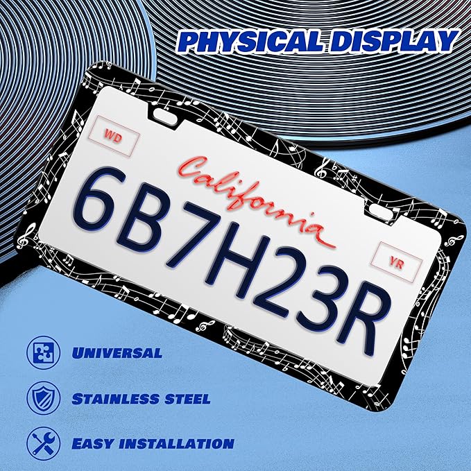 Music Notes License Plate Frame Sheet Music License Plate Frames Personalise Stainless Steel Funny Design Compatible with Standard License Plate Holder for USA Canada 6 X 12 Inch 2 Holes with Screws