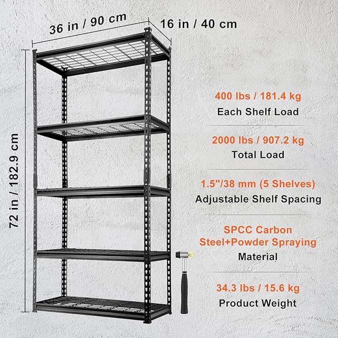 VEVOR Storage Shelving Unit, 5-Tier Adjustable, 2000 lbs Capacity, Heavy Duty Garage Shelves Metal Organizer Wire Rack, Black, 36" L x 16" W x 72" H for Kitchen Pantry Basement Bathroom Laundry Closet
