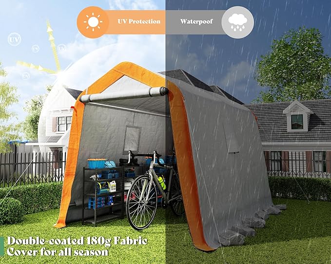 AMERLIFE 6x8x6.6 FT Heavy Duty Portable Shed Storage Shelter, Outdoor Storage Shed with 2 Waterproof Windows & Roll-Up Zipper Door, Carport for Motorcycle, Bike, Grey
