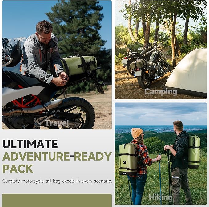 Motorcycle Saddle Bag, 30L Waterproof Motorcycle Tail Bag, 2 Size and 3 Color Options Travel Bag, PVC Bag, Rear Seat Bag, Field Green GT-30GN