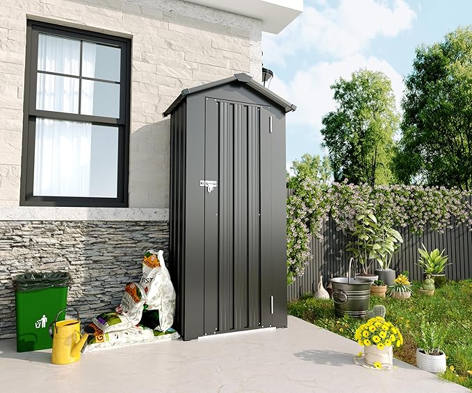 2.5x1.4 FT Outdoor Storage Shed, Small Metal Garden Shed with Adjustable Shelves, Mini Outside Tool Sheds with Lockable Hinged Door, Waterproof Outdoor Storage Cabinet for Backyard, Patio, Lawn, Black
