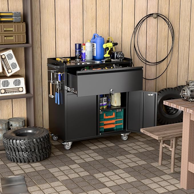 Metal Garage Storage Cabinet with Wheels and Pegboard, 35.4" H Lockable Tool Storage Cabinet with One Drawer, Adjustable Shelf and 4 Hooks for Garage, Warehouse, Black