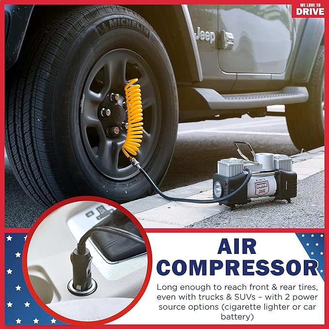 Tire Inflator Portable Air Compressor with Tire Repair Kit – 12V DC Dual Cylinder Air Pump for Car Tires, 150 PSI Tire Pump with Tire Pressure Gauge, Car Emergency Kit, and Cars Accessories Air Pump