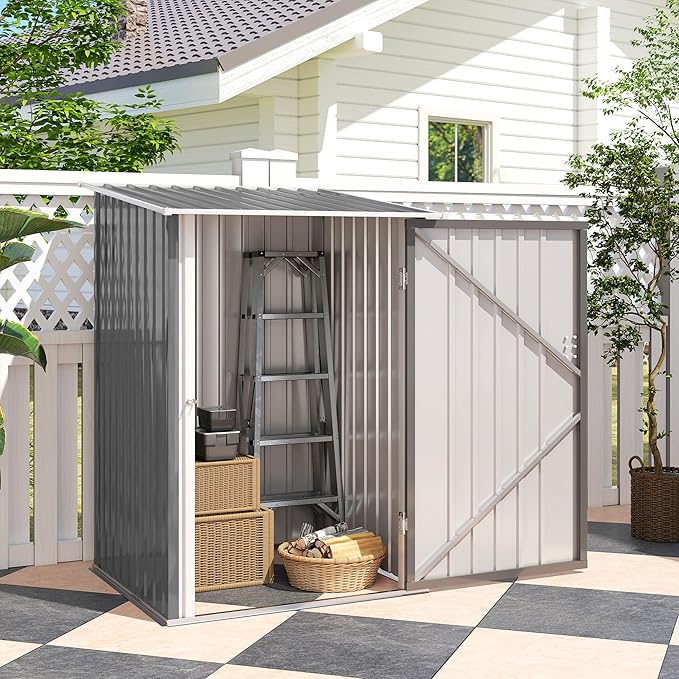 Outsunny 3.3' x 3.4' Outdoor Storage Shed, Metal Garden Tool House with Sloping Roof and Lockable Door for Backyard, Bike, Patio, Garage, Lawn, Gray