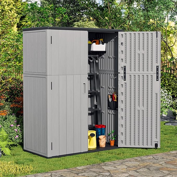 Plastic Outdoor Storage Cabinets,Vertical Sheds&Outdoor Storage with Floor,Outdoor Storage Box Waterproof/Lockable for Garage,Bike,Tools Storage Shed (57Cu.ft-Pale Grey)