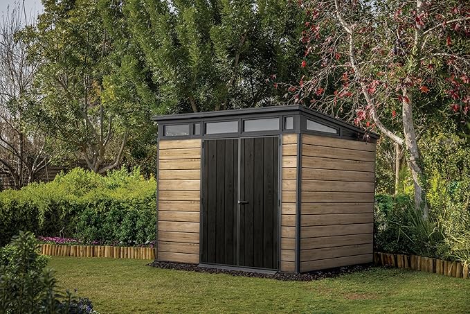 Keter Signature Collection 9x7 Ft All-Weather Storage Shed with Skylight, Window, Built-in Ventilation, Customizable Walls, & Lockable Double Doors, Ashwood