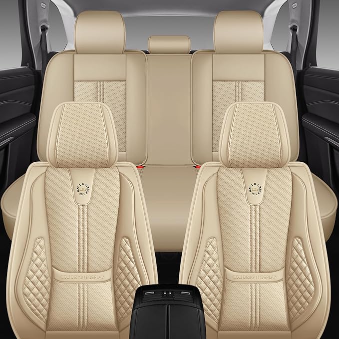 Car Seat Covers Full Set, Black Seat Cover for Cars Compatible Airbag, Easy Install Luxury Leather Automotive Seat Covers with Lumbar Support, for Car, Truck, SUV, Beige