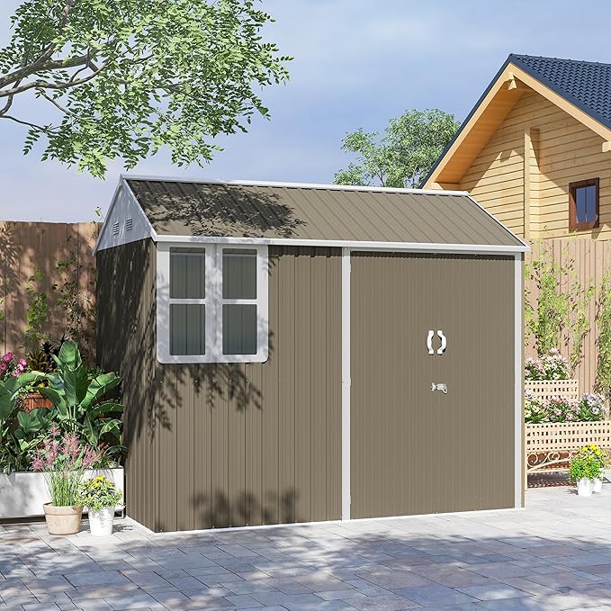 Outsunny 8' x 5.5' Outdoor Storage Shed, Metal Garden Shed with Window & Double Lockable Door, Outdoor Tool Shed Storage with Sloped Roof for Backyard, Patio, Garage, Lawn, Gray