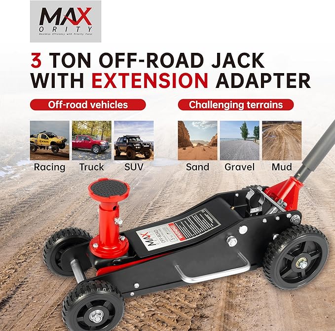 3 Ton (6600 lbs.) Big Wheel Dual Pistons Heavy-Duty Steel Construction Off-Road Jack, Hydraulic Car Jack with Extra Saddle, for Trucks, SUVs, ATVs