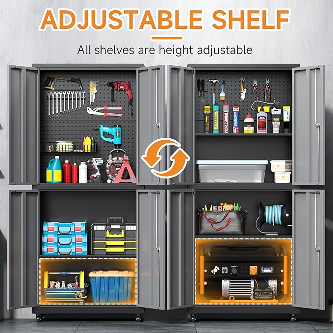 71" H Metal Tool Storage Cabinet with Lock and Wheels, Heavy Duty Garage Cabinet with 4 Doors and 2 Adjustable Shelves, Tool Organizer with Pegboard for Garage, Warehouse (Black&Gray, 71" H)