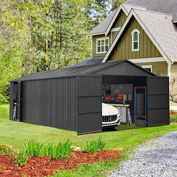 Domi 12'x15' Metal Garage Shed, Heavy Duty Outdoor Steel Carport with Lockable Double, Side Doors, 80MPH Wind and Snow Resistant Enclosed Storage for Cars, Trucks, Motorcycles, Tools, Dark Grey