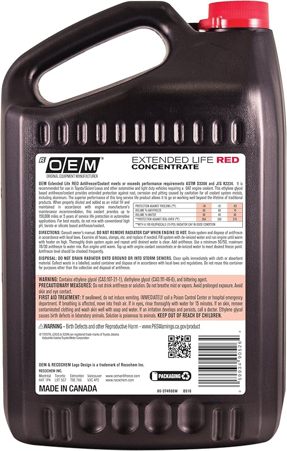 Recochem OEM 86-374ROEM-4PK Red Premium Antifreeze Concentrate Extended Life RED, 1 gallon, 4 Pack