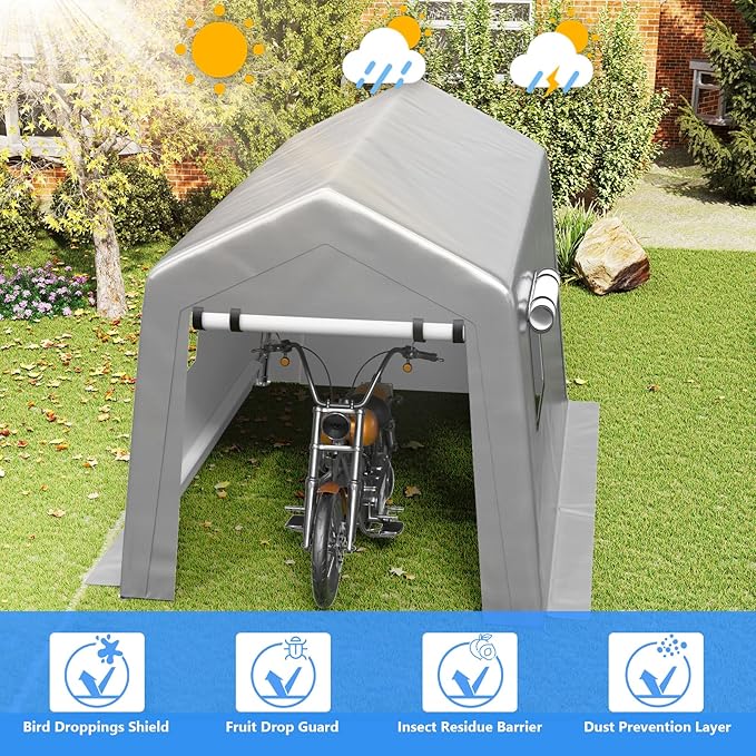 6x8 ft Carport Heavy Duty Tent with Roll-up Windows, Portable Garage with Removable Sidewalls & Doors, Car Canopy All-Season Tarp for Car Boat Truck Motorcycle