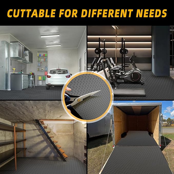 8.2x21 FT Garage Floor Mat, 2.8mm Thickened Diamond Plate PVC Garage Flooring Roll for Under Car Parking, Heavy Duty Garage Floor Protector 168SQFT for Garage, RV Trailer, Basement, Black