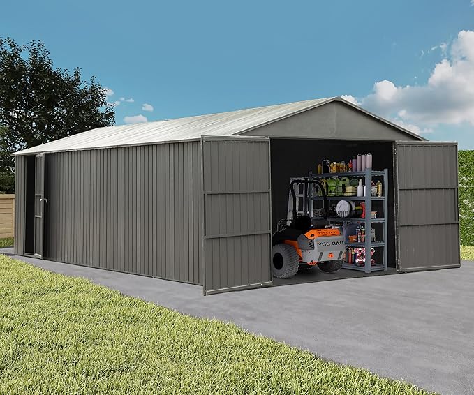 Domi 12x15FT Outdoor Metal Garage Shed, Extra Large Carport with Skylights & Dual-Entry, Backyard Storage Shed for Car, Truck, Lawn Mower and Tool, Dark Grey