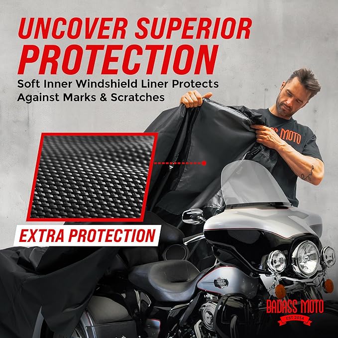 Badass Moto Fits Harley Davidson Trike Cover - Ultimate Heavy Duty Waterproof Motorcycle Cover Outdoor Storage for Tri Glide Ultra, HD Road Glide 3, Freewheeler - Triglide, Harley Trike Accessories